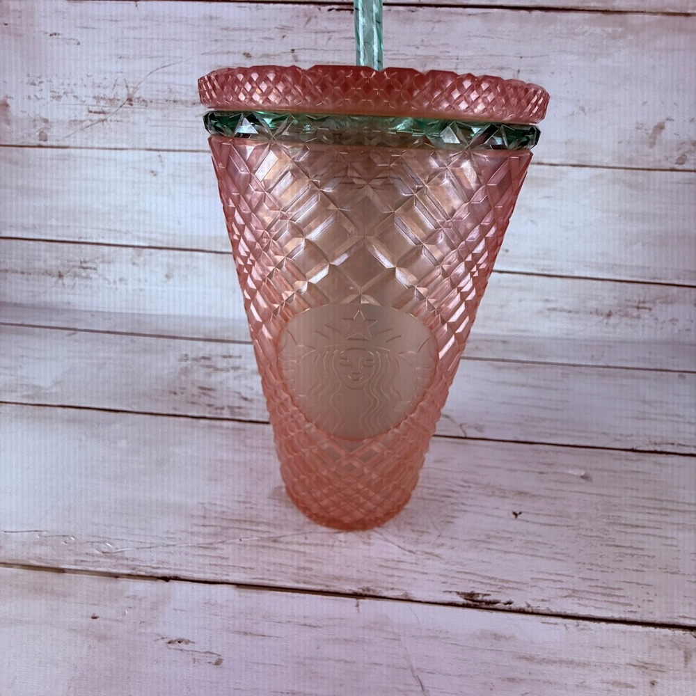 Starbucks 2021 Peach Pink Studded Grid Tumbler Teal Rim 16oz Cold Cup Straw